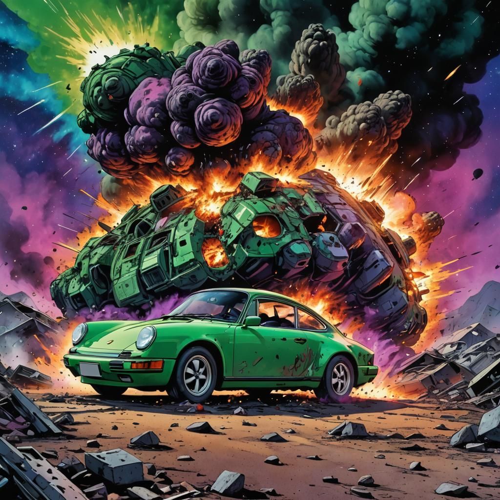 Cosmic Chaos: Lizard Green Porsche 964 911 in Explosive Orbi...