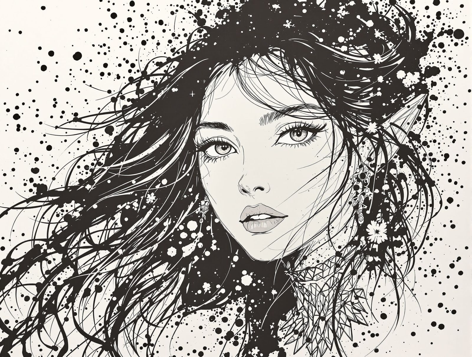 Elven Woman in Ink Splatter Art