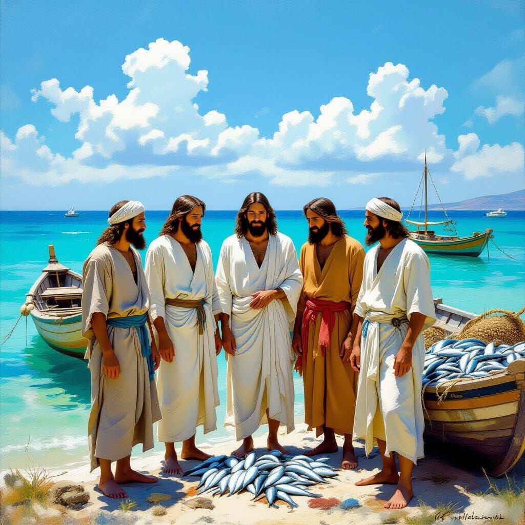 Jesus and Disciples by Sea in Impressionist Style