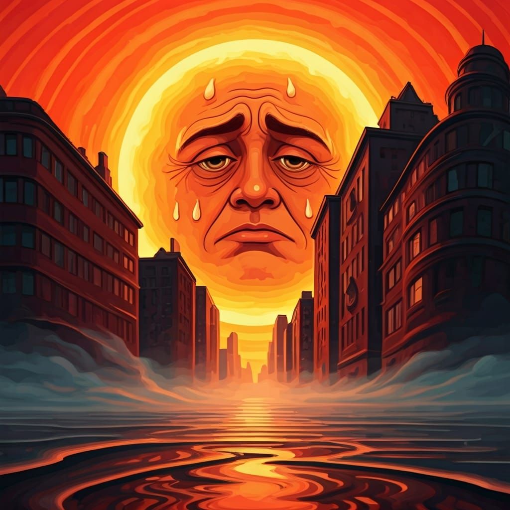 Surrealist Heatwave: Distorted Cityscape in Psychedelic Styl...