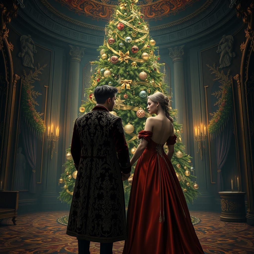 Regally Dressed Couple Admire Christmas Tree in Opulent Cham...