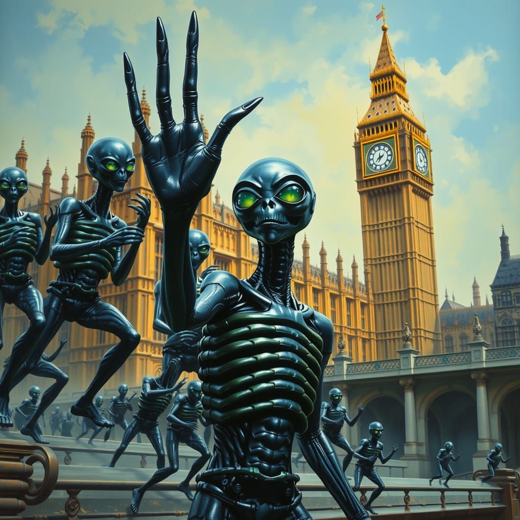 Alien Warriors Storm British Parliament in Futuristic Siege