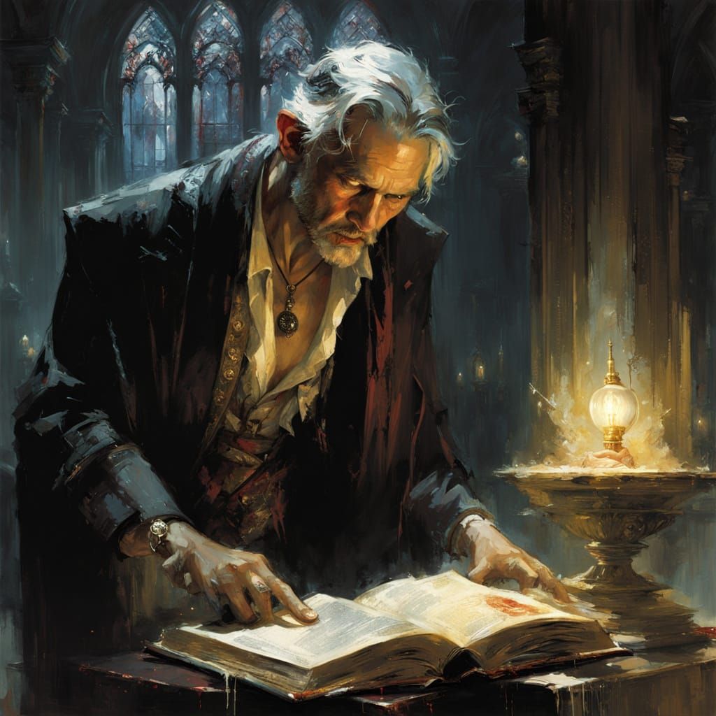 Vampire Scholar Studies Ancient Tome in Gothic Library