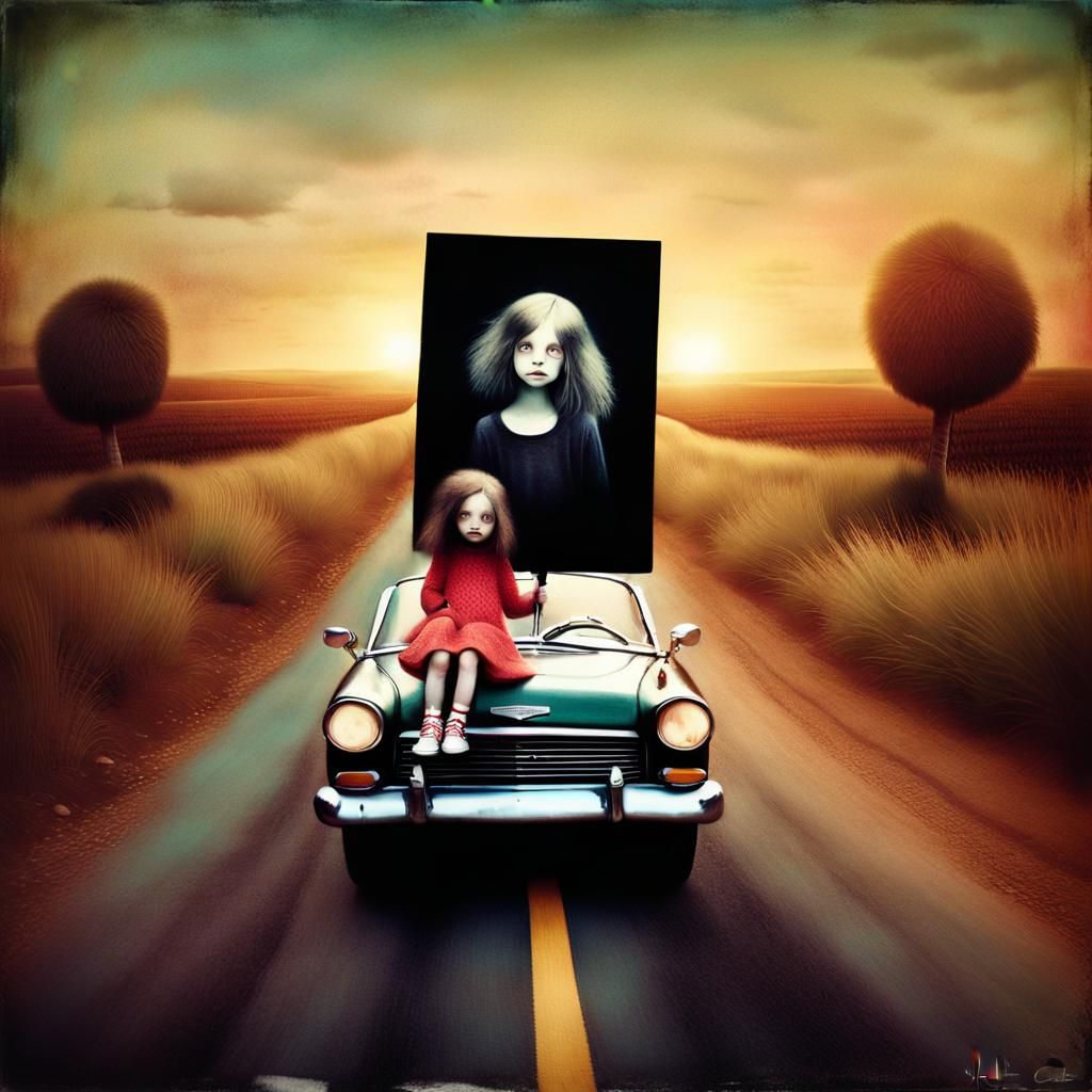 Surreal Road Trip Scene in Vibrant Tropical Colors