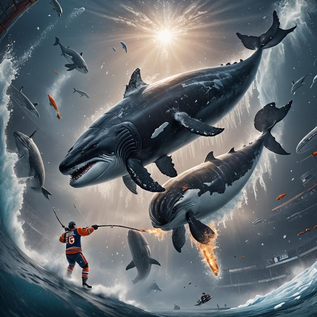 Oilers Player Harpoons Whale: Detailed Matte Painting