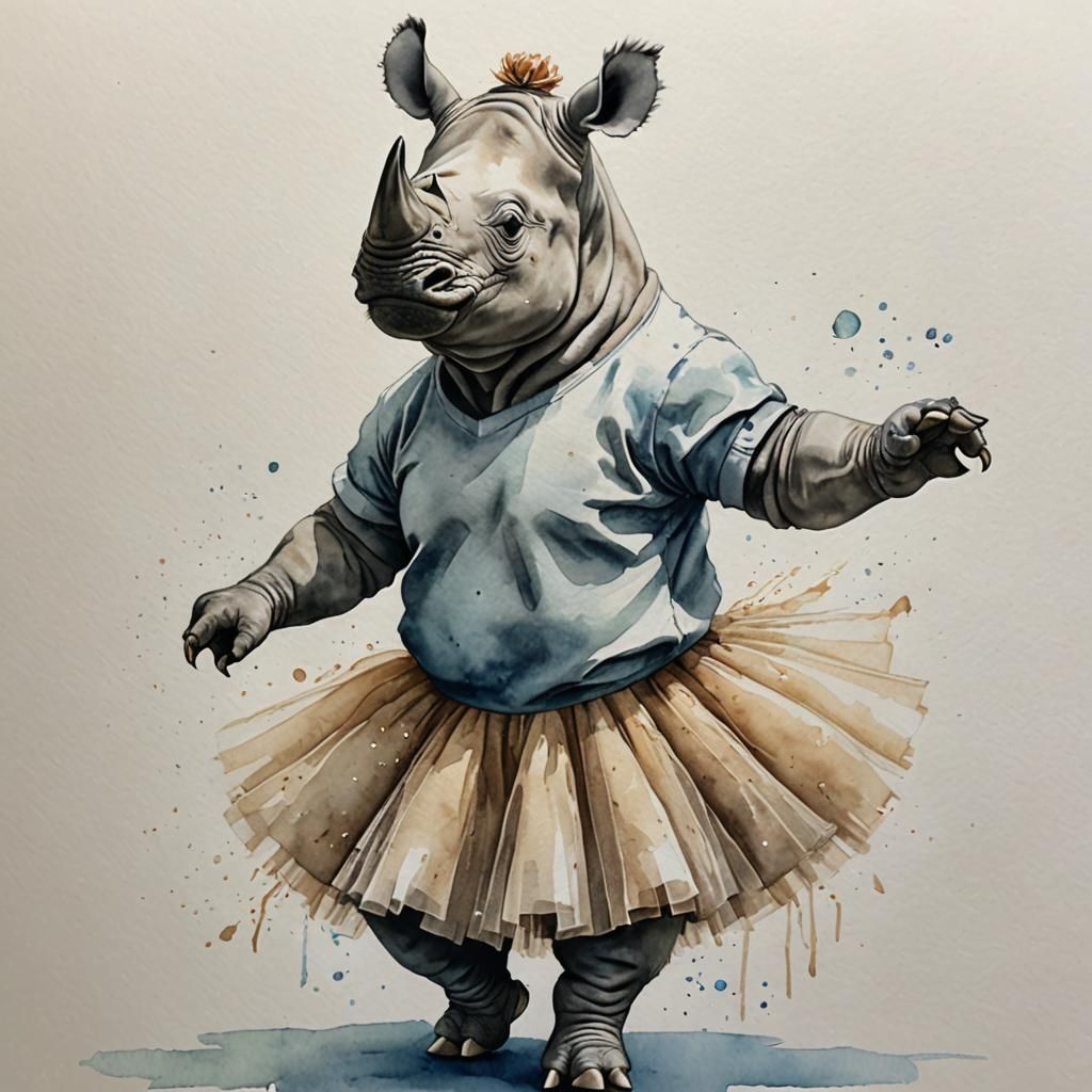 Renaissance-Inspired Rhino Ballerina in Watercolor