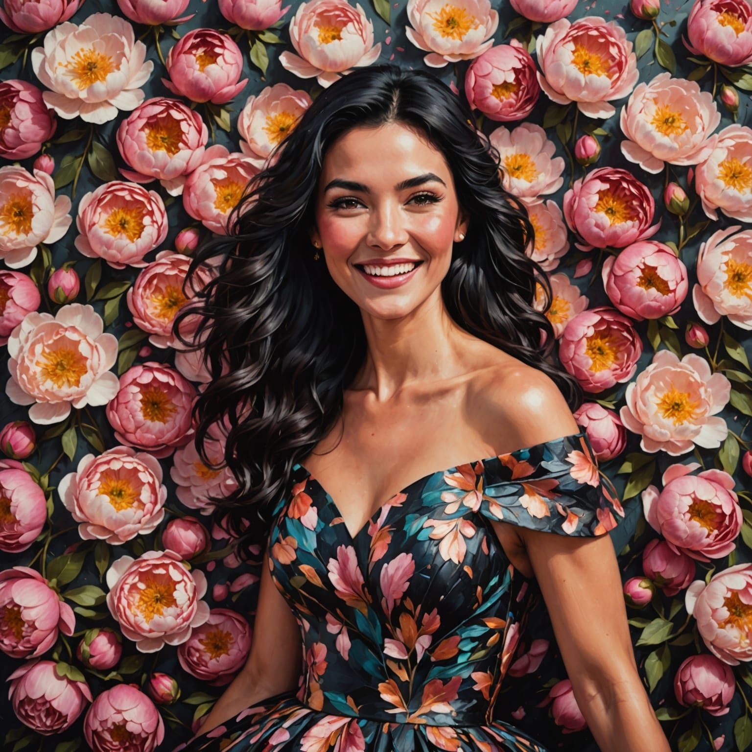 Woman Smiling Amidst Peony Petals in Impasto Style