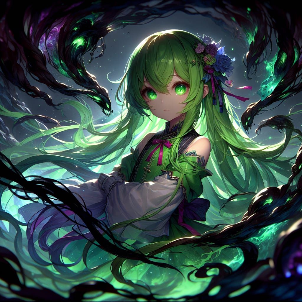 Young Anime Girl Enveloped in Dark Fantasy