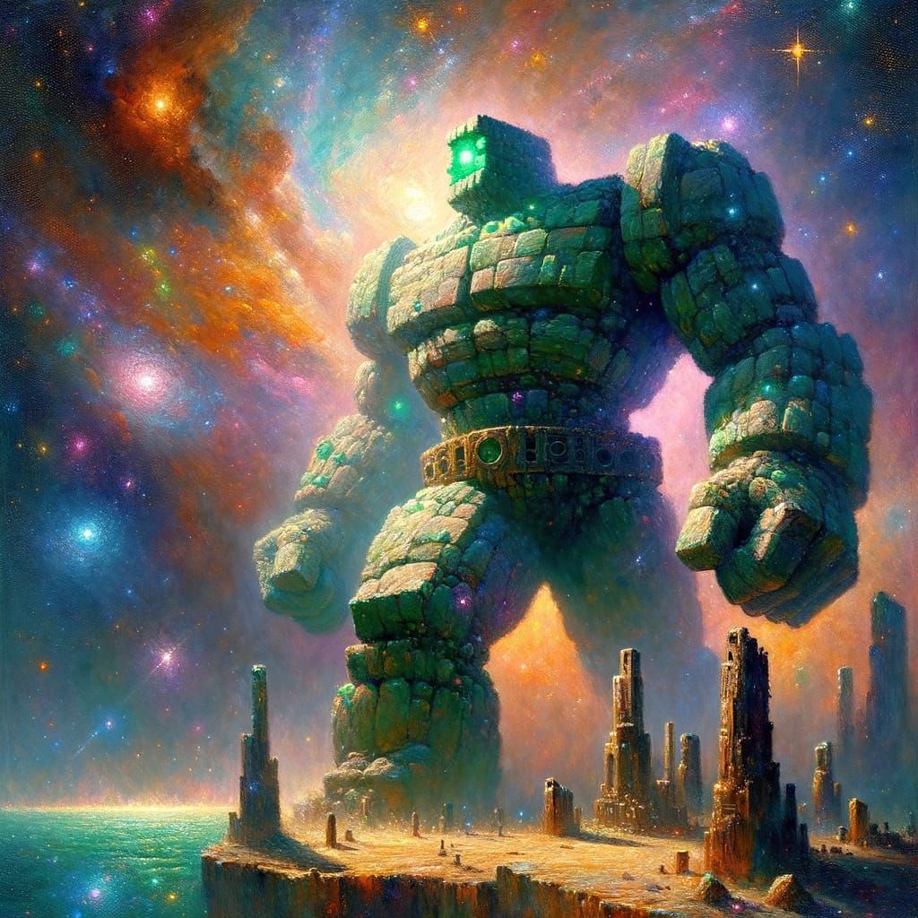 Emerald Golem Guards Celestial Observatory in Sci-Fi Style