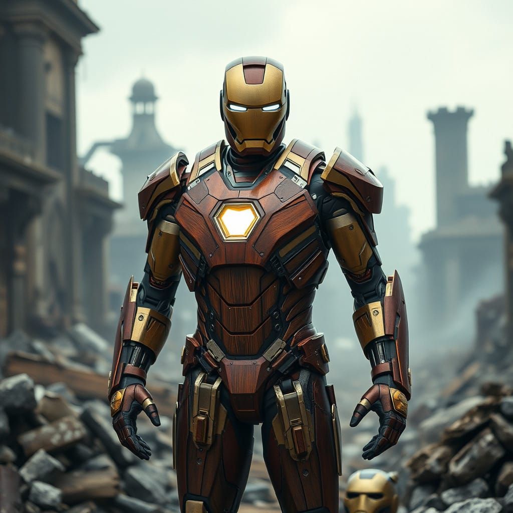Heroic Iron Man in Steam Punk Cityscape