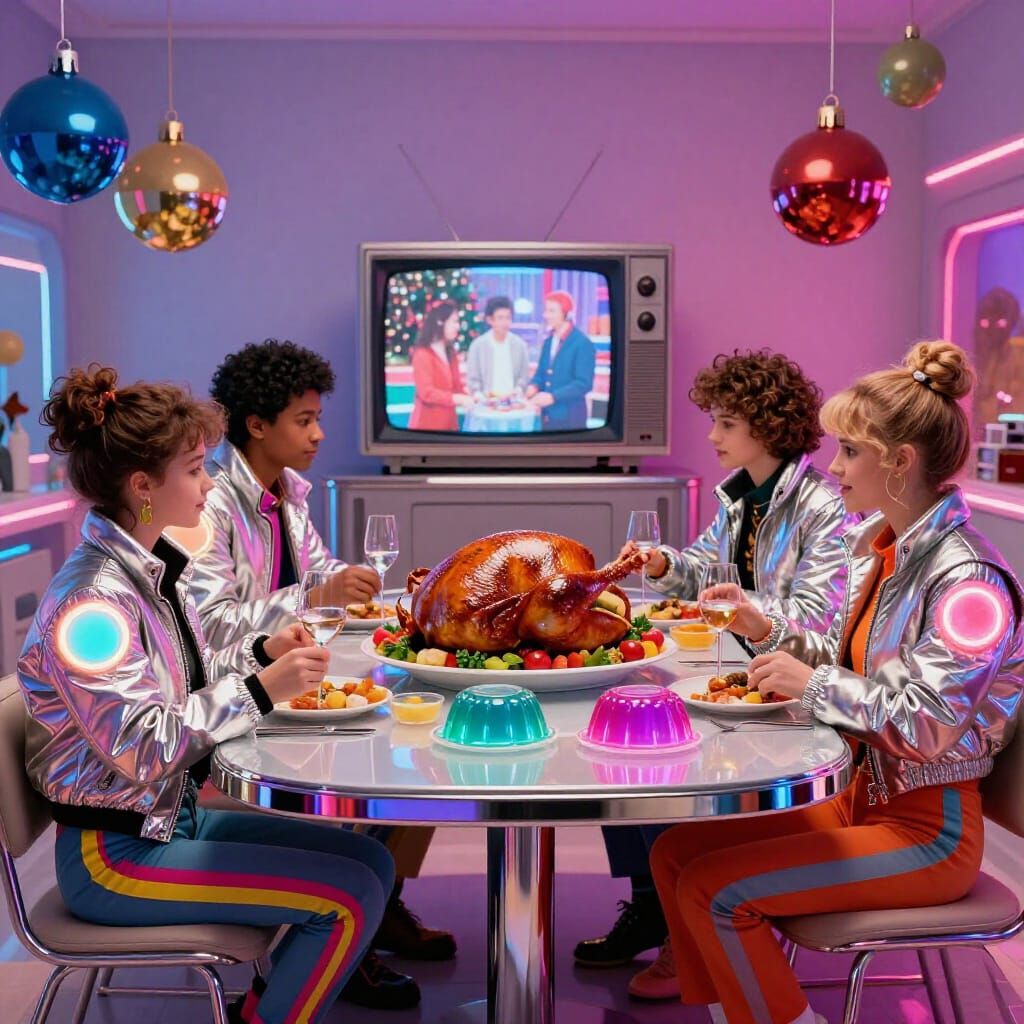 90s retro futuristic holiday feast