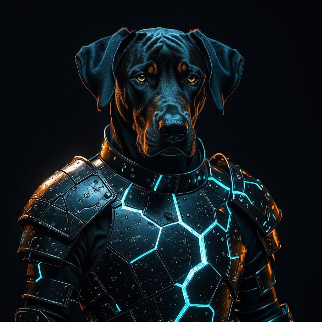 Doberman Mix in Worn Metallic Armor with Glowing Cracks