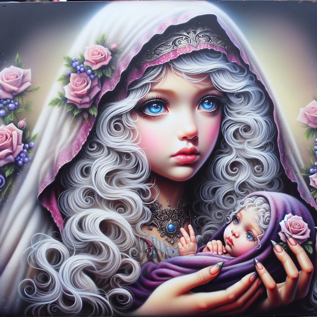 Victorian Fantasy Girl with Roses and Newborn in Hooded Shaw...