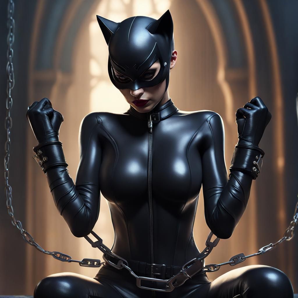 Depressed Catwoman in Intricate Fantasy Scene