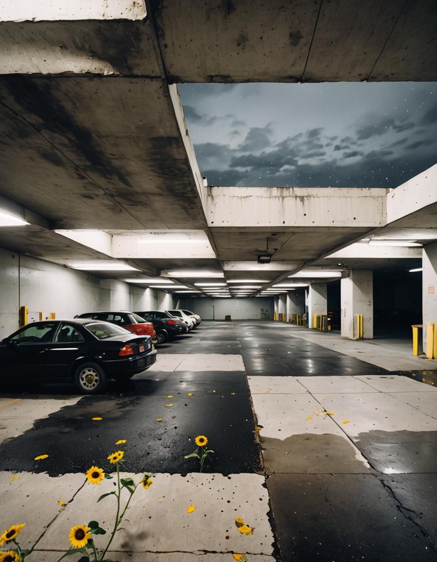 Ethereal Parking Garage with Luminous Skies and Blooming Sun...