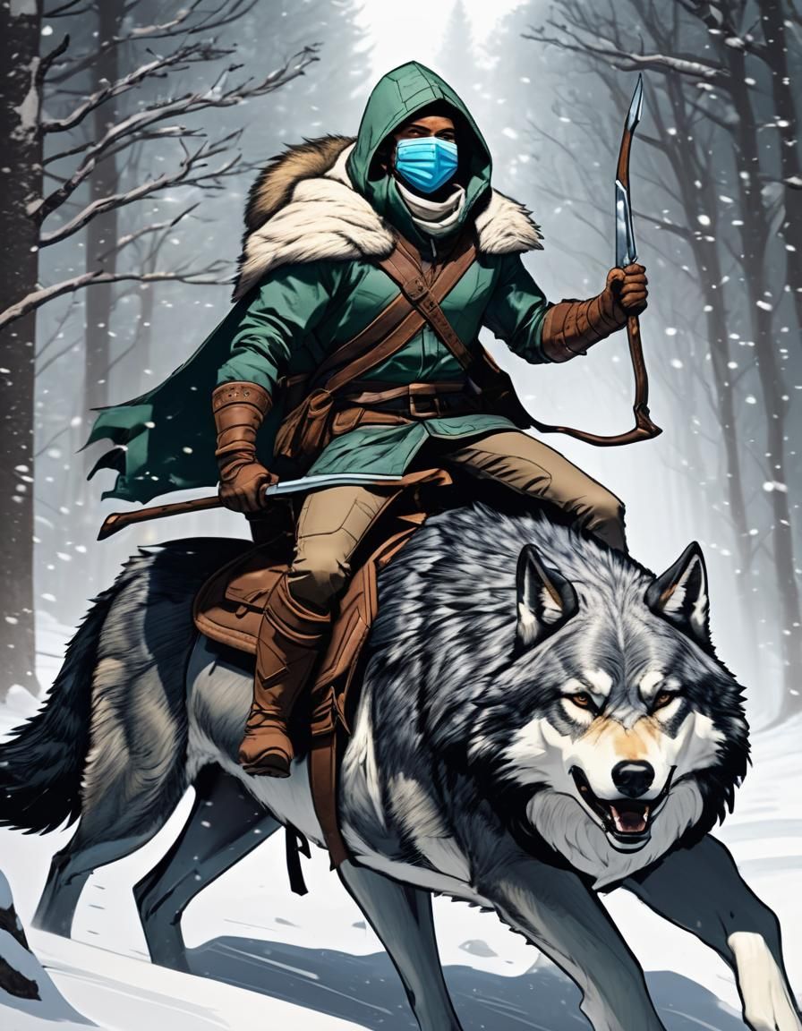 Noble Ranger Rides Majestic Wolf Through Snowy Wilderness in...