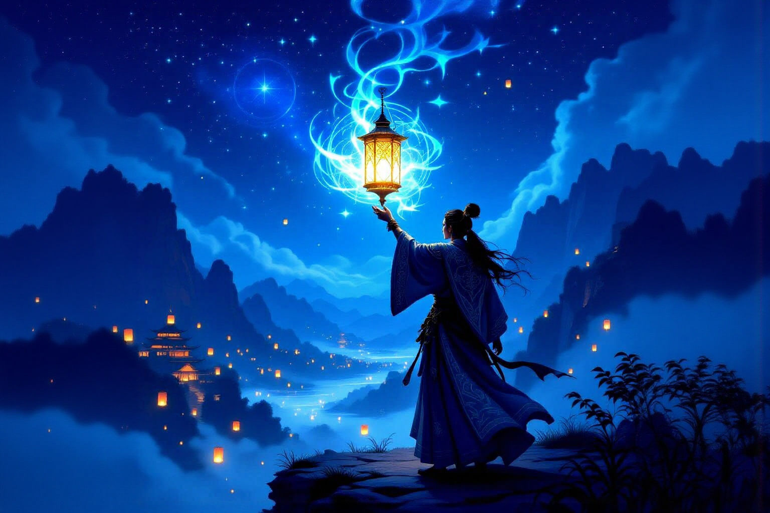 Mystical Warrior with Magical Lantern in Starlit Valley