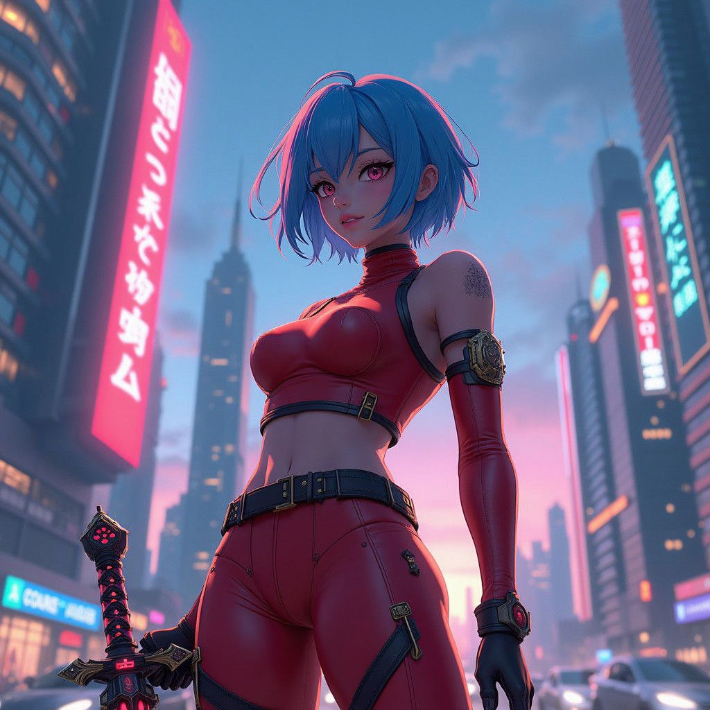 Ethereal Sci-Fi Anime Goddess Unleashes Sword in Neon Metrop...