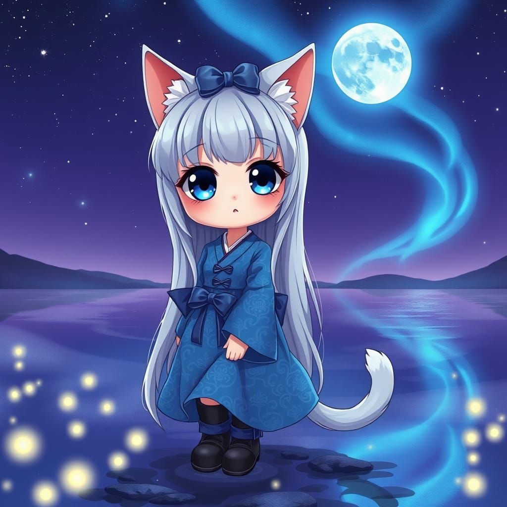 Whimsical Catgirl Serenades the Night Sky