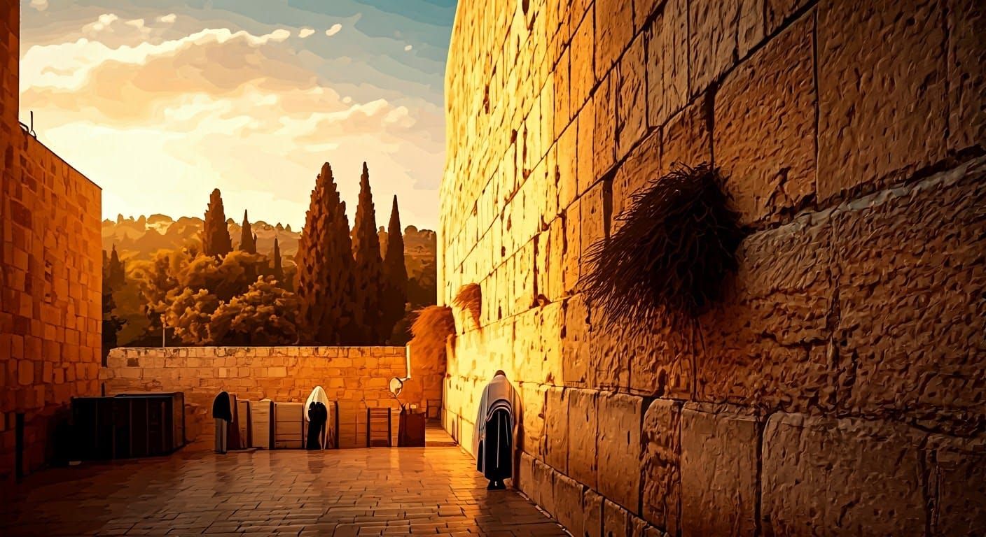 Surreal Watercolor Scene of Jerusalem's Western Wall with Sp...