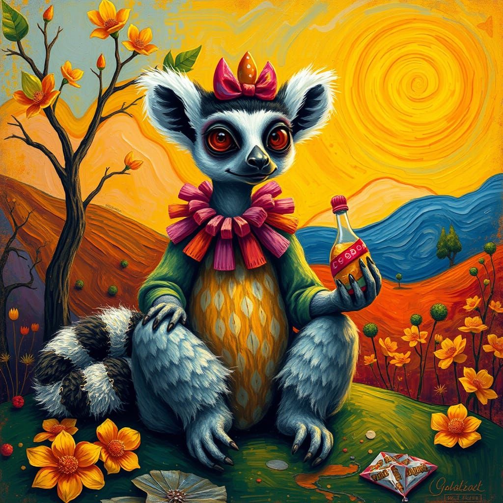 Whimsical Lemur in Dreamlike Van Gogh Style