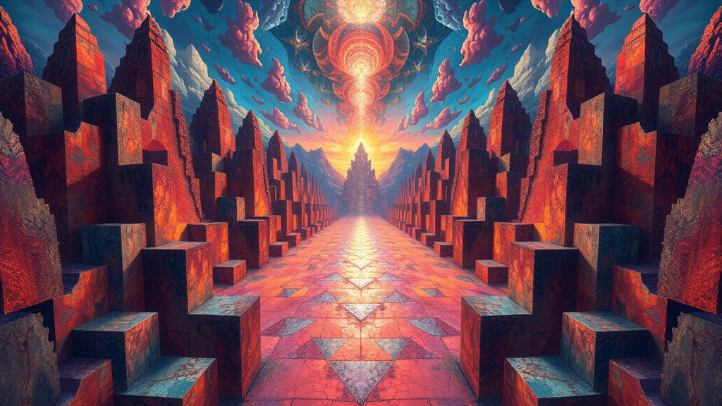 Dreamlike Escher-Inspired Tessellated Landscape with Mirrore...