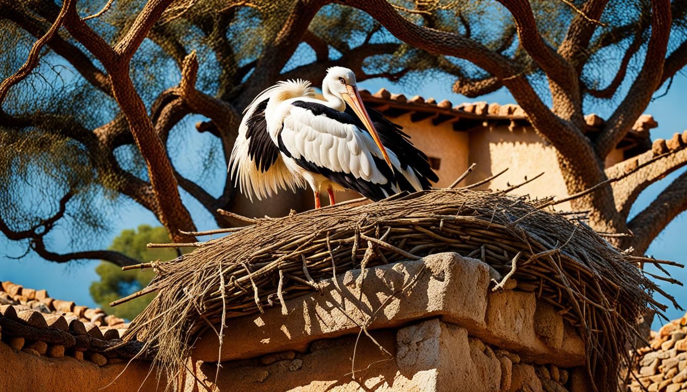 Spanish Impressionist Stork Perched on Rustic Stone Wall