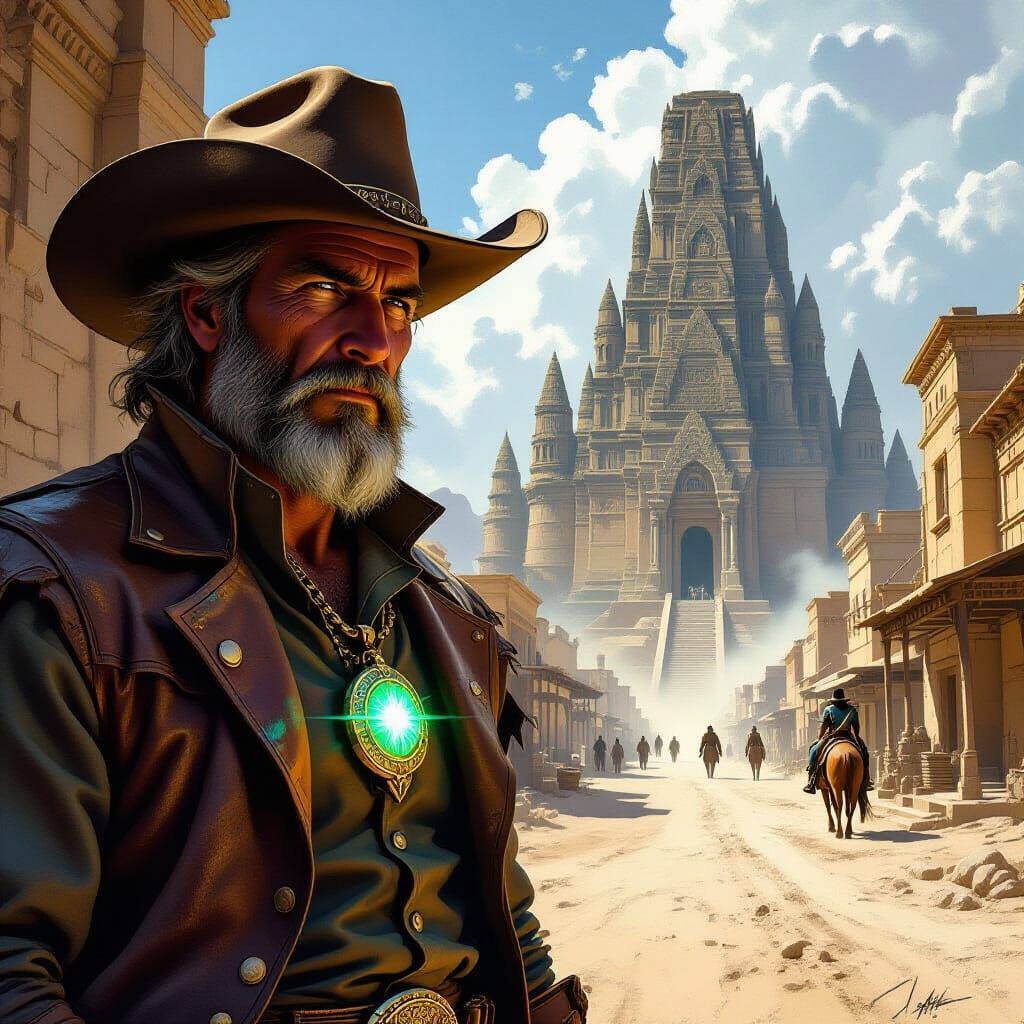 Mystical Cowboy Faces Ancient Temple in Western Fantasy