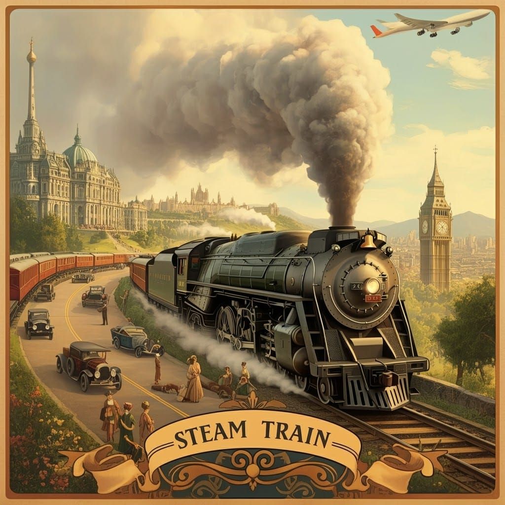 Vintage Steam Train Chugs Through Idyllic Art Deco Landscape...