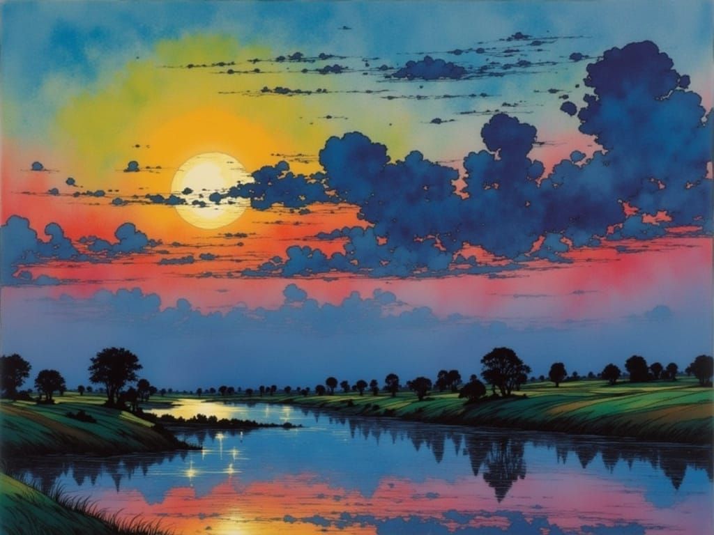 Vibrant Evening Landscape in a Primitivist Style