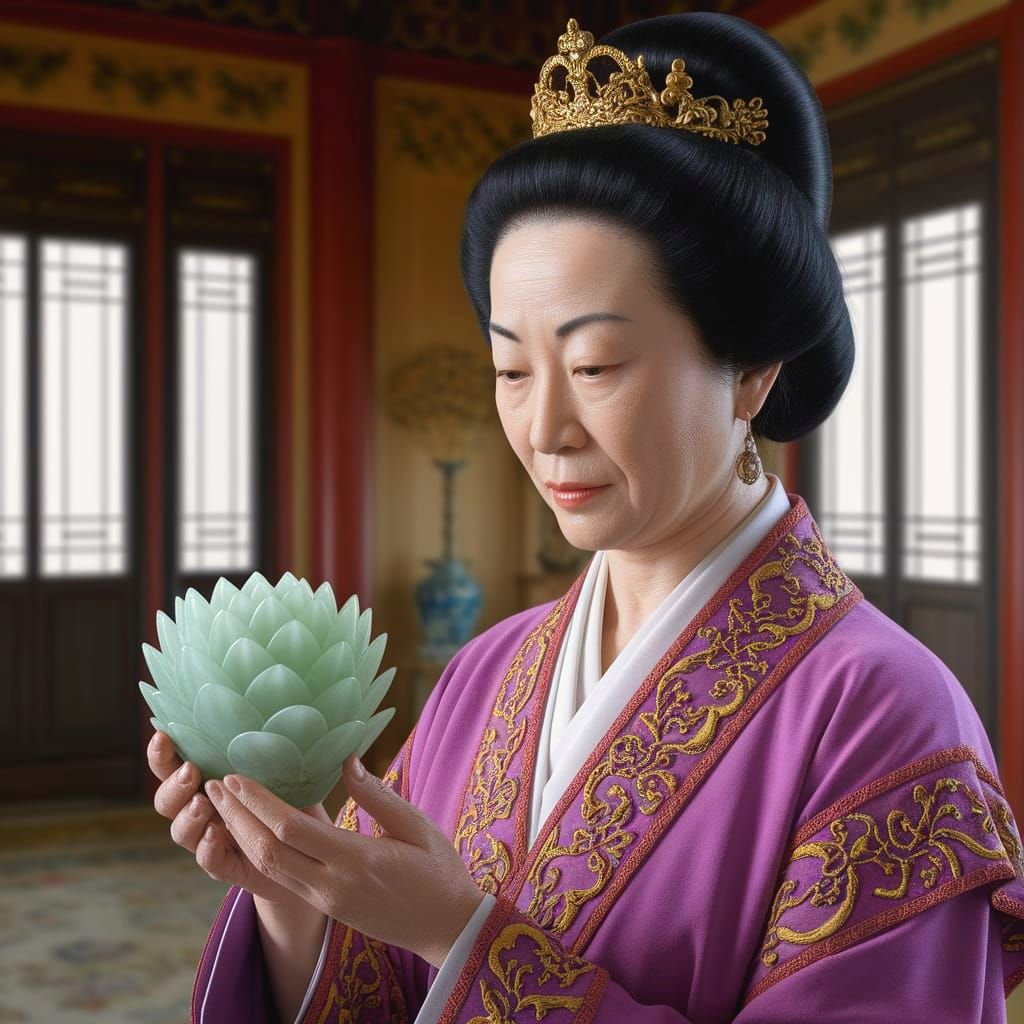 Serene Chinese Matriarch with Jade Lotus, Warhol & Caravaggi...