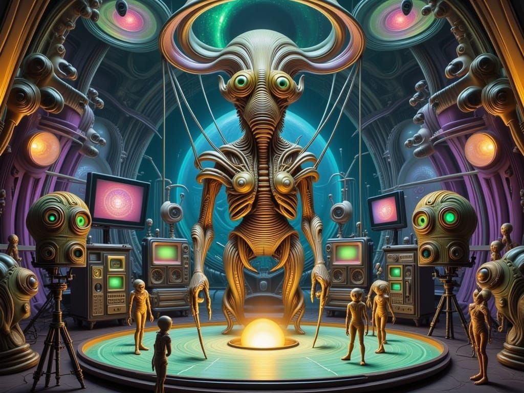 Whimsical Sci-Fi Newscaster in Alien TV Studio