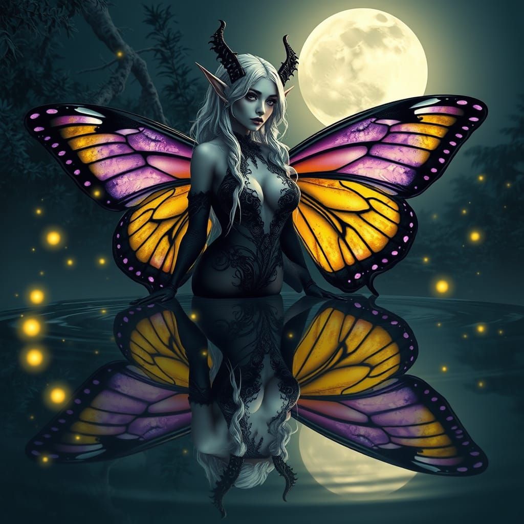 Hyperrealistic Dark Elf Goddess in Gothic Wings, Moonlit Nig...
