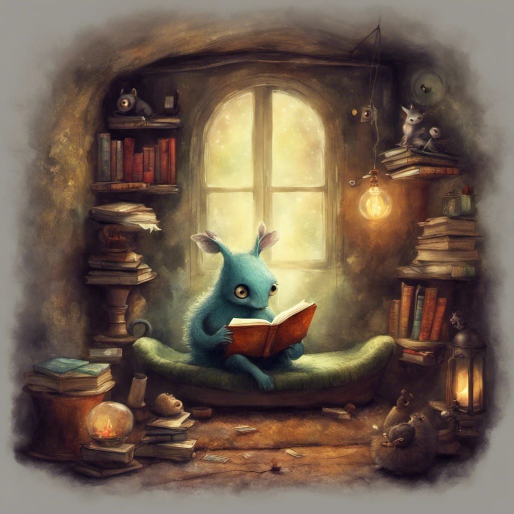 Whimsical Bookworm in Cozy Sanctuary
