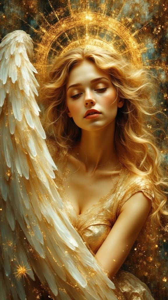 Ethereal Fantasy Woman with Angel Wings in Oil Painting Styl...