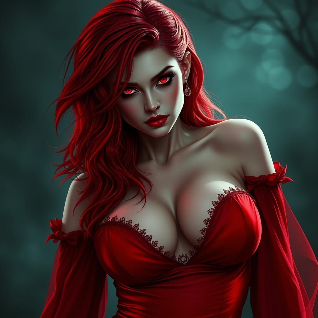 Curvy Female Vampire with Red Hair and Dress