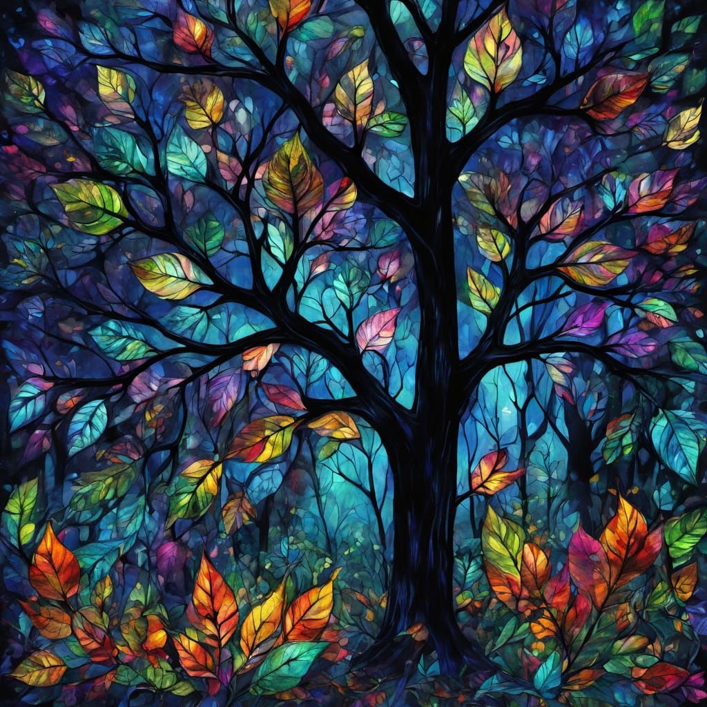 Midnight Forest with Stained Glass Leaves