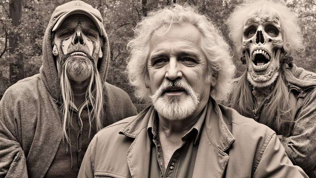 Mystic Portrait with Cryptid Figures in Sepia Drawing