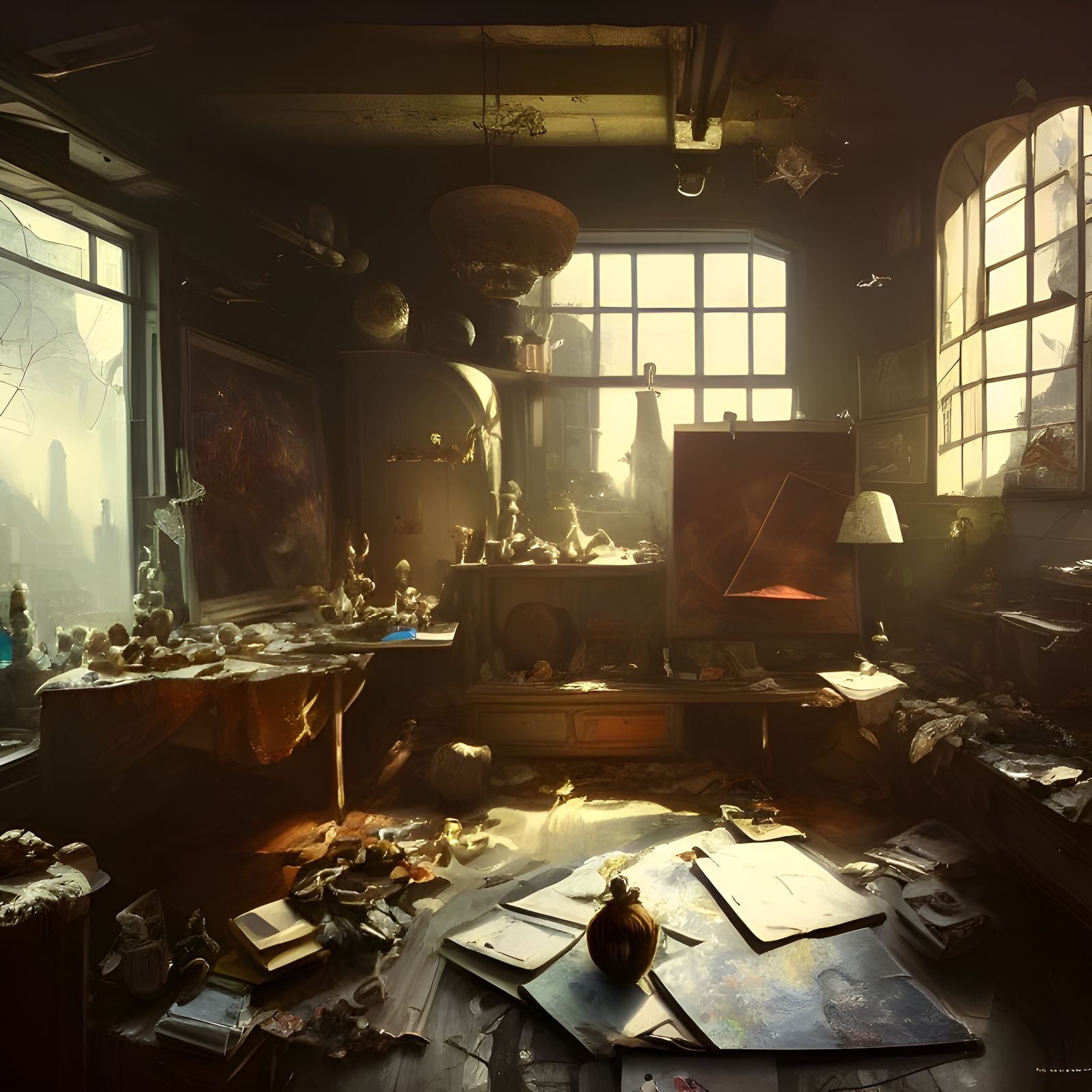 Inside an untidy artist atelier interior