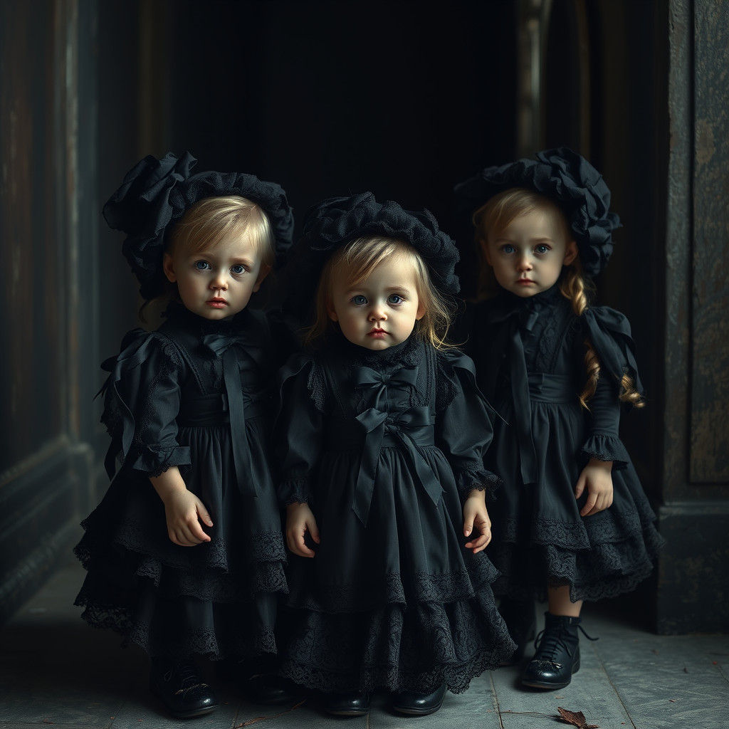 Gothic Toddlers in Black Dresses with Glowing White Eyes