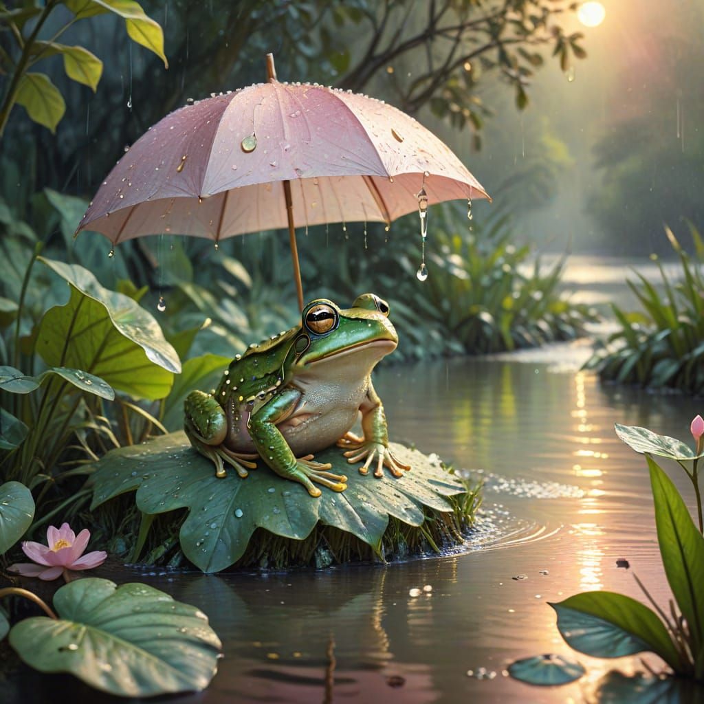 Whimsical Frog with Pink Umbrella in Watercolor Style