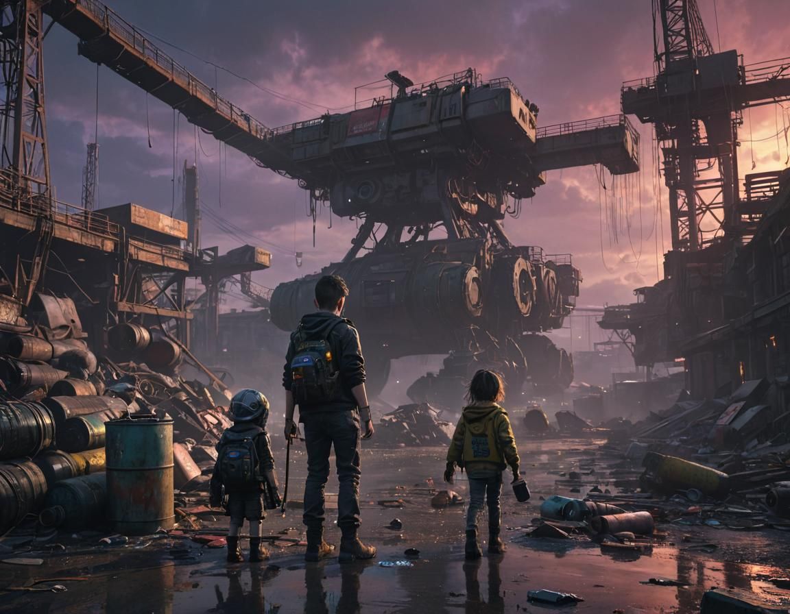 Grimdark Diesel Punk Scene of a Boy and Girl in a Stormy Sun...