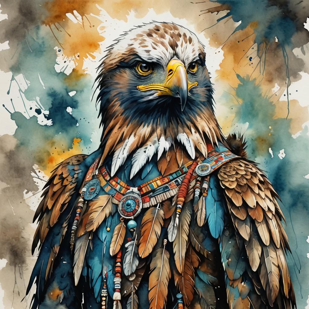 Mystical Eagle Shaman in Vibrant Watercolor