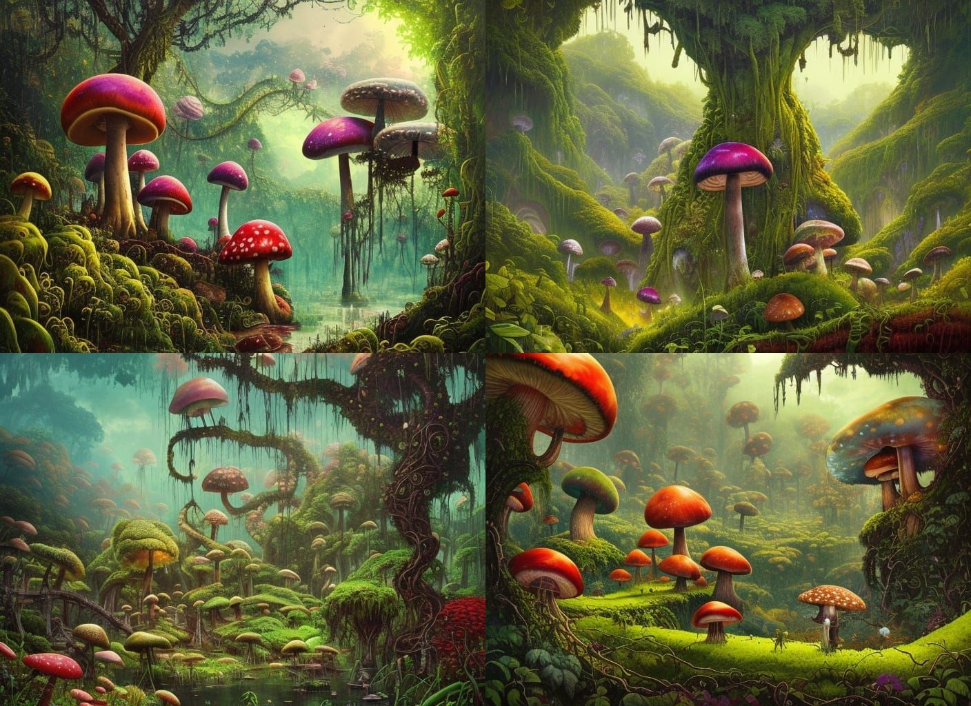 Lush Fantasy Landscape with Vibrant Mushrooms and Green Hill...