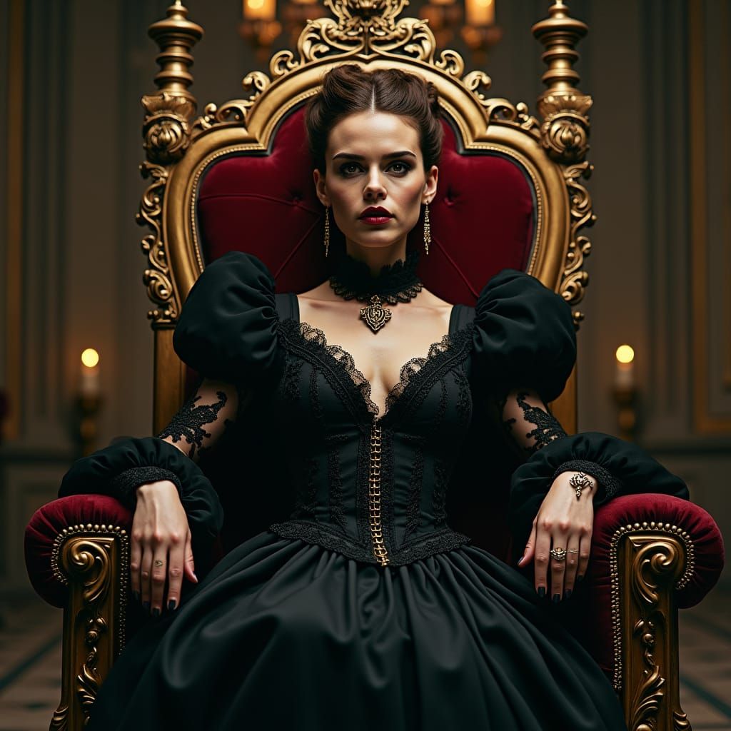 Gothic Demoness Sits Majestically on Prada Throne in Dark, V...