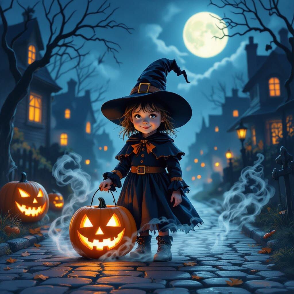 Child Witch With Pumpkin on Spooky Halloween Night