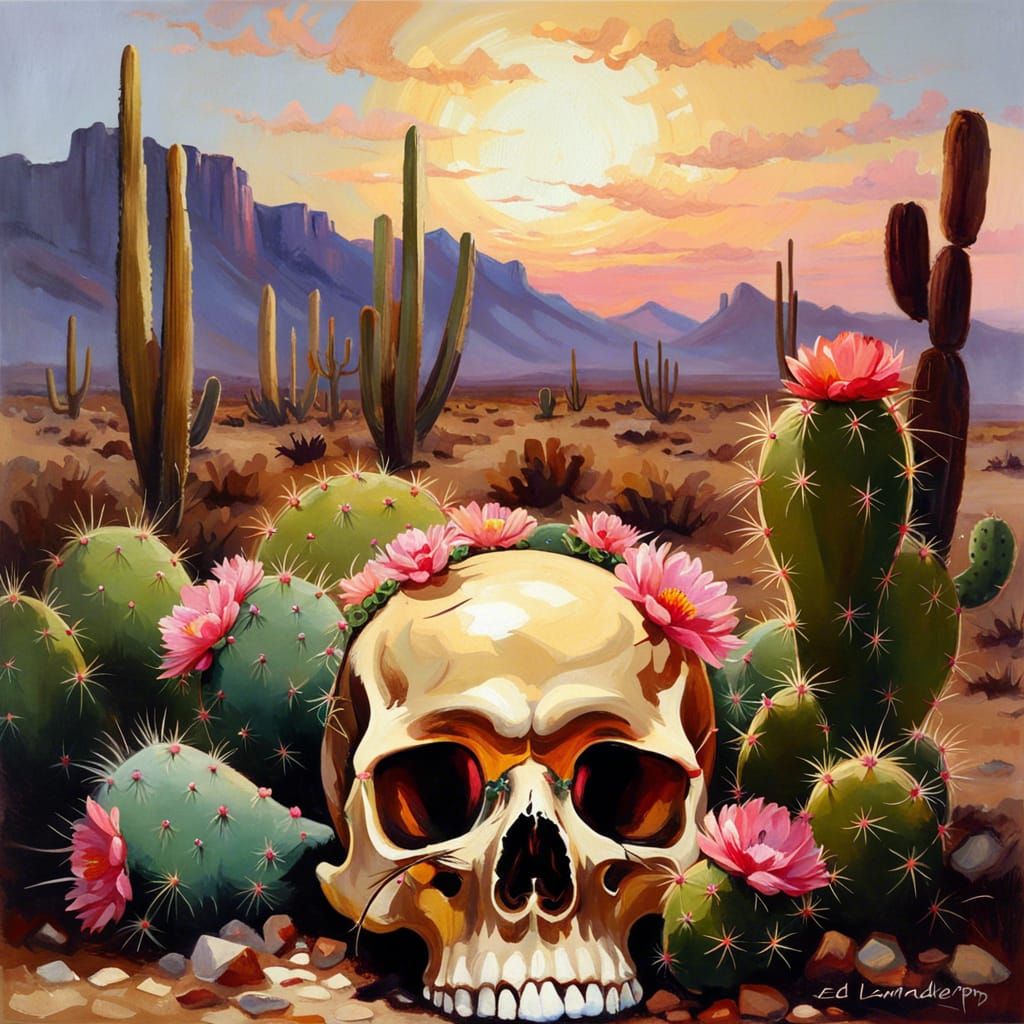 Majestic Skull with Desert Cactus in Sunset Vibe