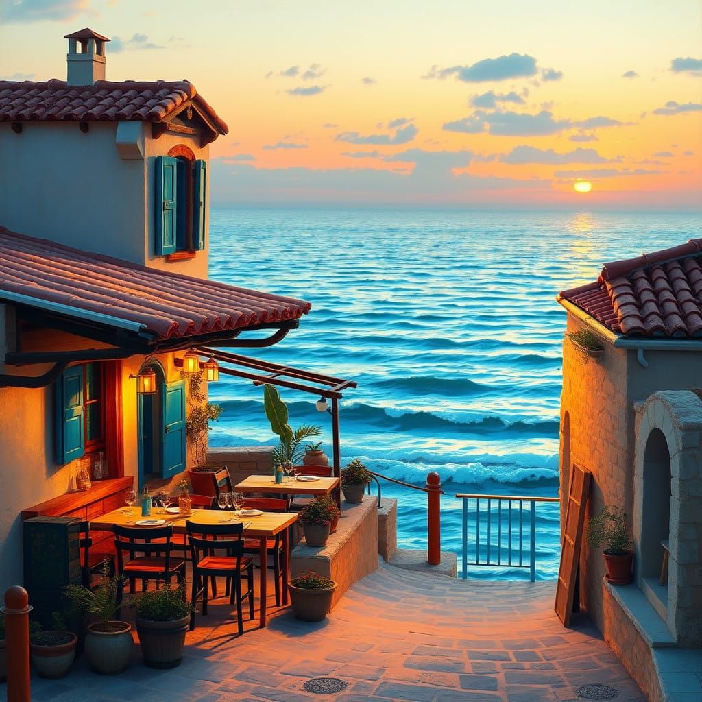 Impressionist Seaside Taverna at Dusk