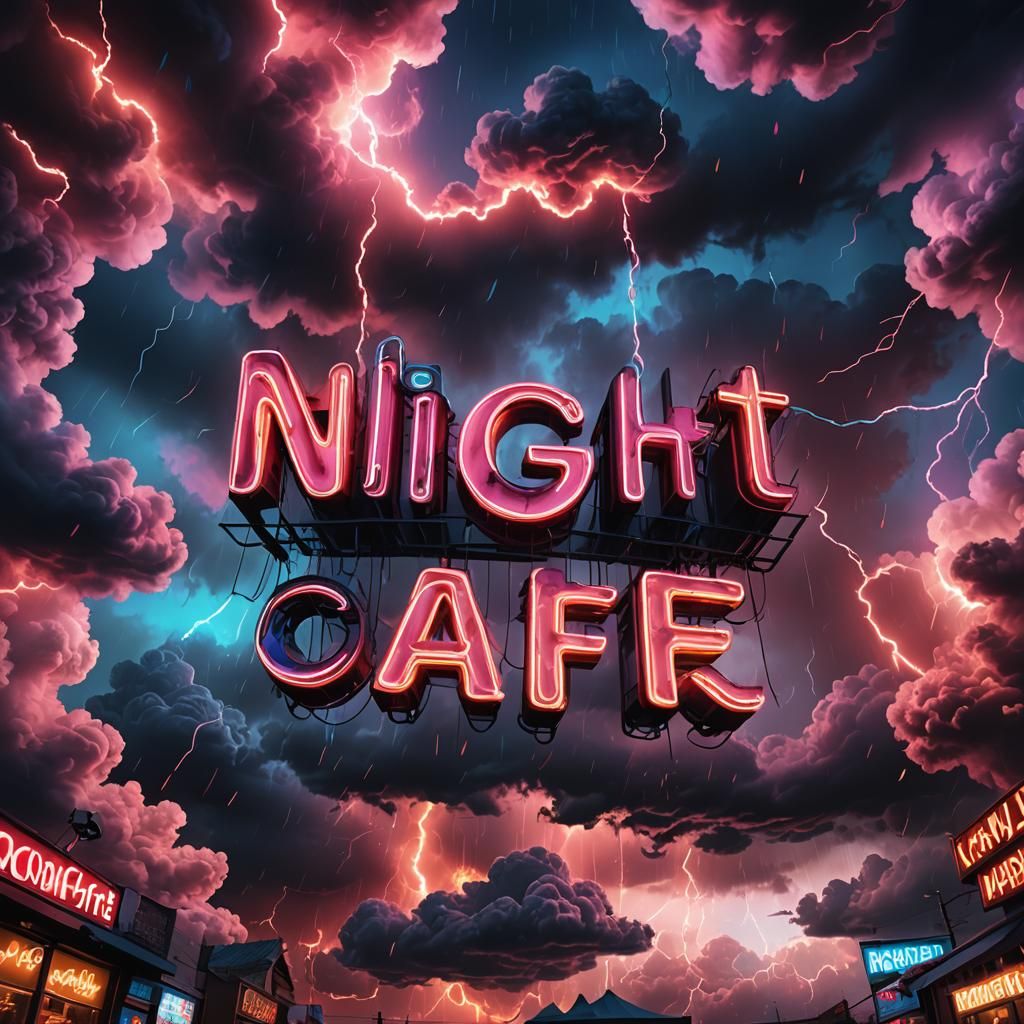 Glowing Night Cafe Letters in a Fiery Cloudy Sky