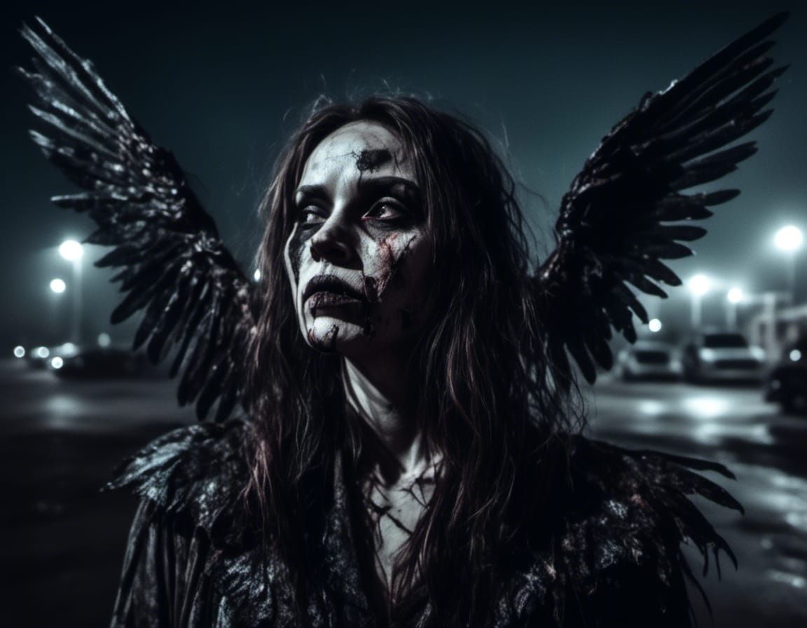 Gloomy Portrait of a Woman with Black Angel Wings at Night
